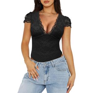 Saslax Women's Sexy Deep V Neck Lace Bodysuit Short Sleeve Double Lined Thong Body Suit for Going Out Date Night Club (Large, Black)
