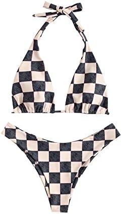 ZAFUL Womens Printed Triangle Bikinis 2 Piece Halter Bikini Sets High Cut Bathing Suit Side Tie Swimsuits Small