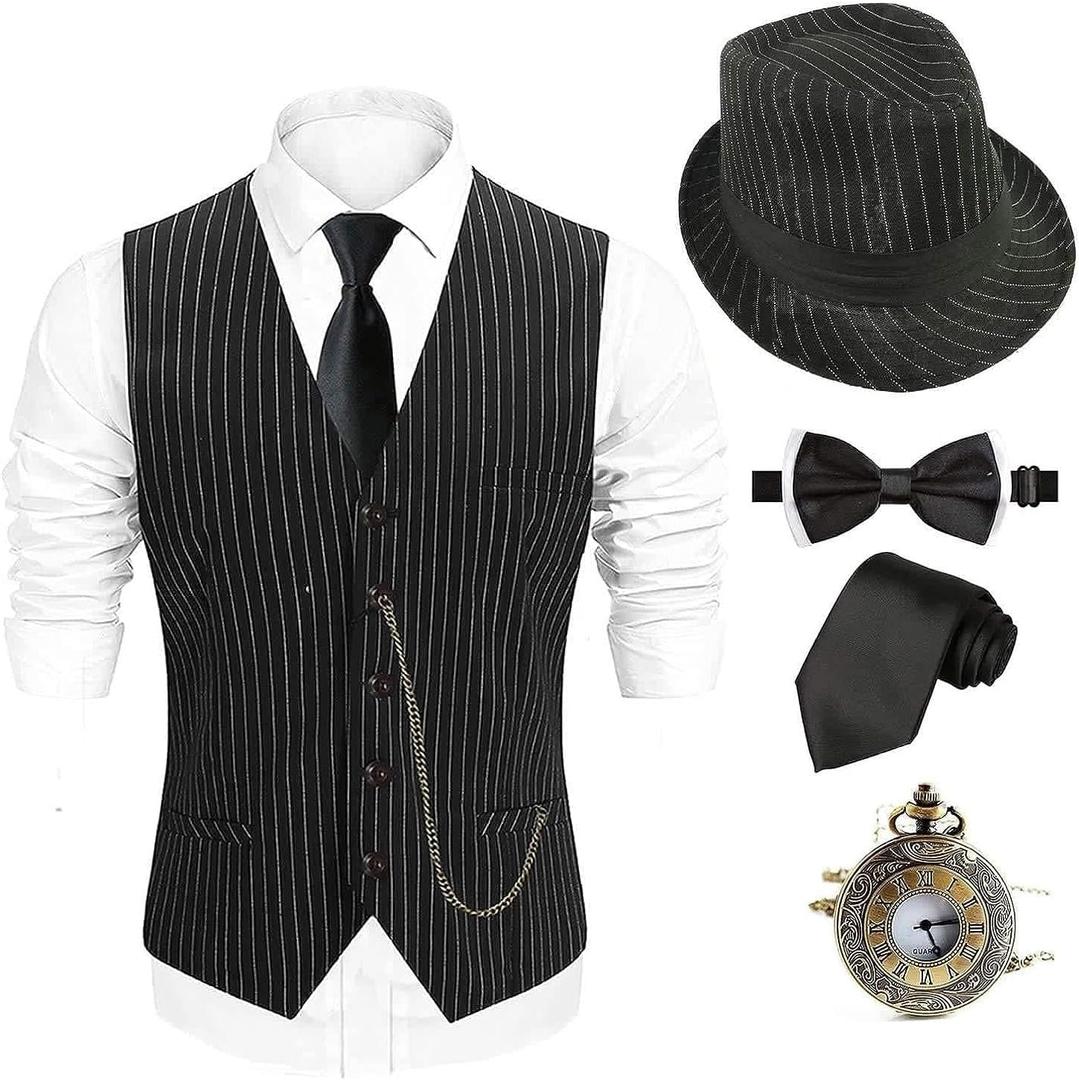 EFORLED 1920s Mens Costume Fedora Hat,Gatsby Gangster Vest,Vintage Pocket Watch,Pre Tied Bow Tie,Tie (X-Large)