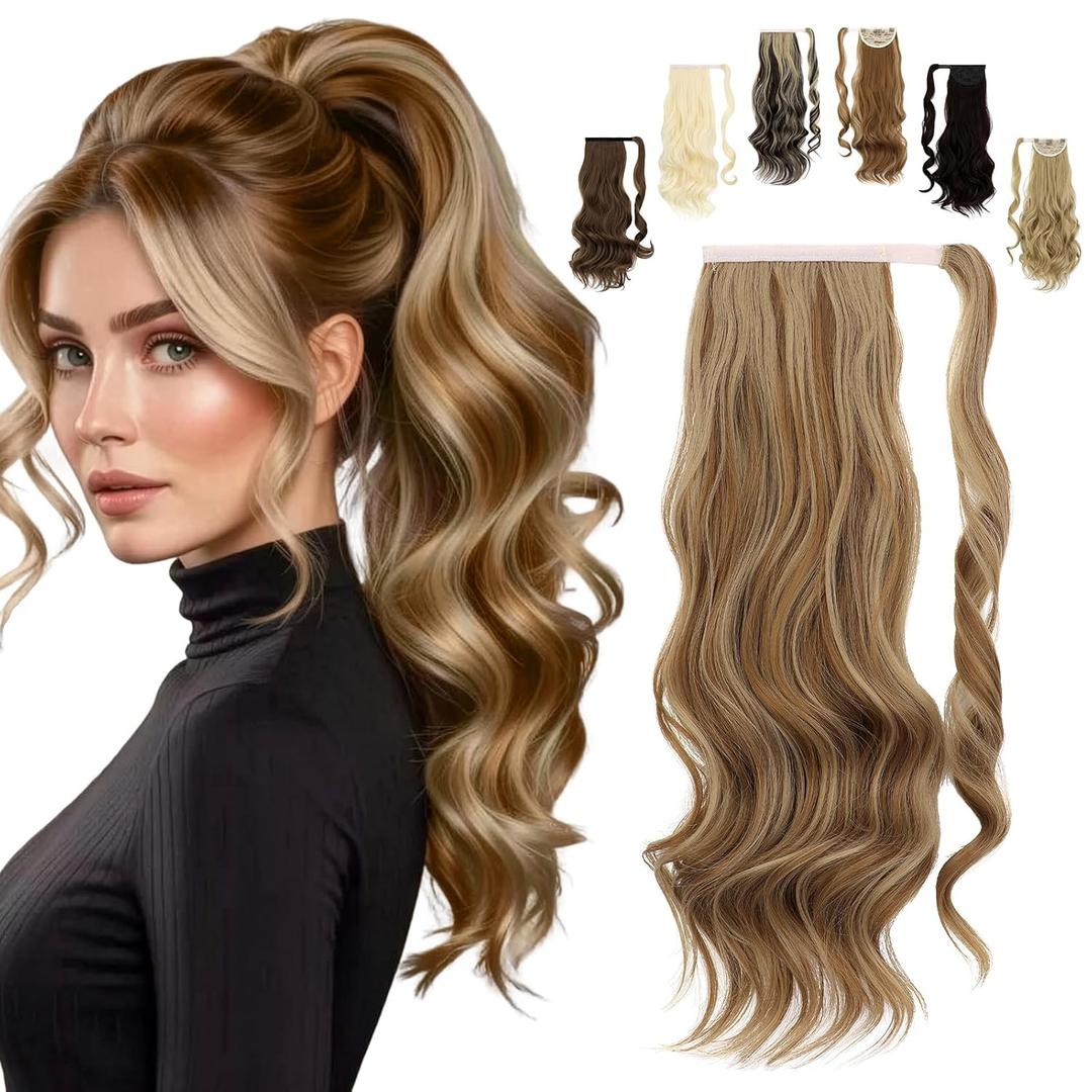 FELENDY 20" Ponytail Extension Curly Wavy Clip in Hairpiece Wrap Around Long Pony Tails Hair Extensions Synthetic for Women Ash Blonde Mix Ginger Brown