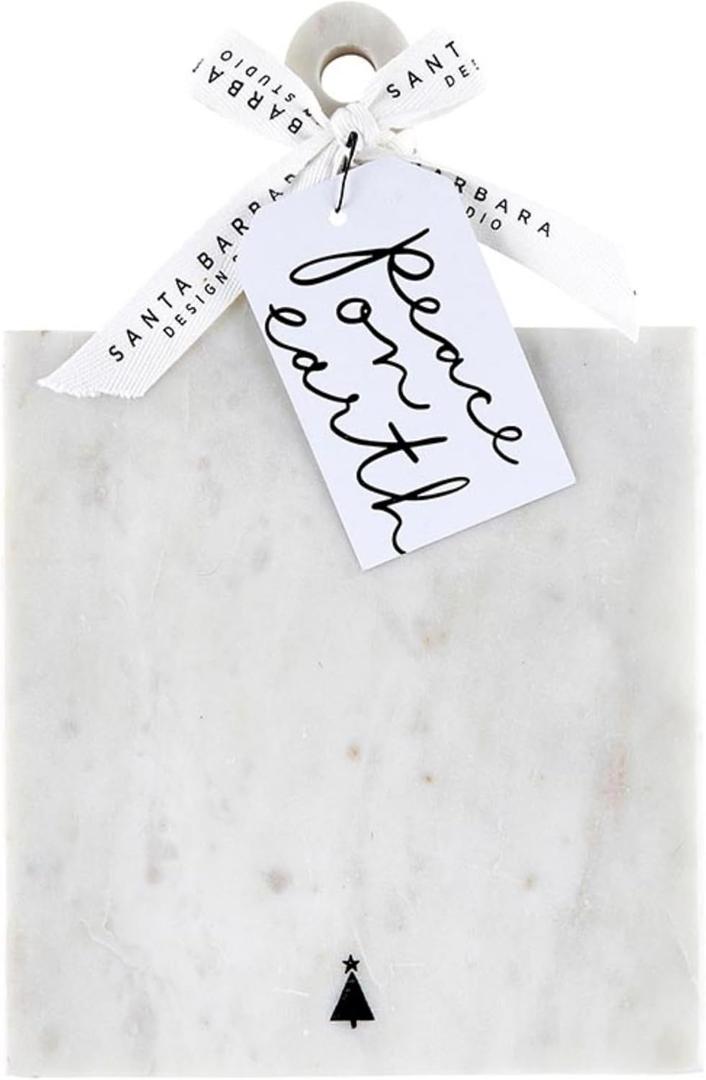 Santa Barbara Design Studio Joy to The World Square White Marble Charcuterie Cheese Tray with Handle, Small Black Tree Icon, 10.75" x 7"
