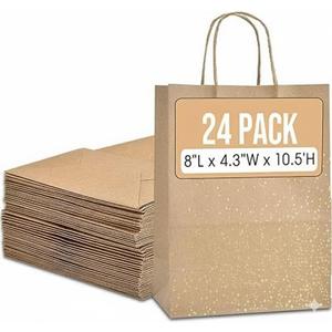24 Pack Kraft Paper Gift Bags with Handles  8x4.5x10.5" 120 Gsm Brown Paper Bags with Gold Foil Star Design  Reusable Recyclable Bulk Gift Bags for Parties, Weddings, Baby Shower, or Small Business