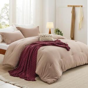 Bedsure Queen Comforter Set with Throw Blanket - 5 Pieces Boho Bedding, Down Alternative Bed in a Bag，Warm Taupe Bed Set with Comforter, Pillow Shams, Throw Pillow, Chenille Blanket