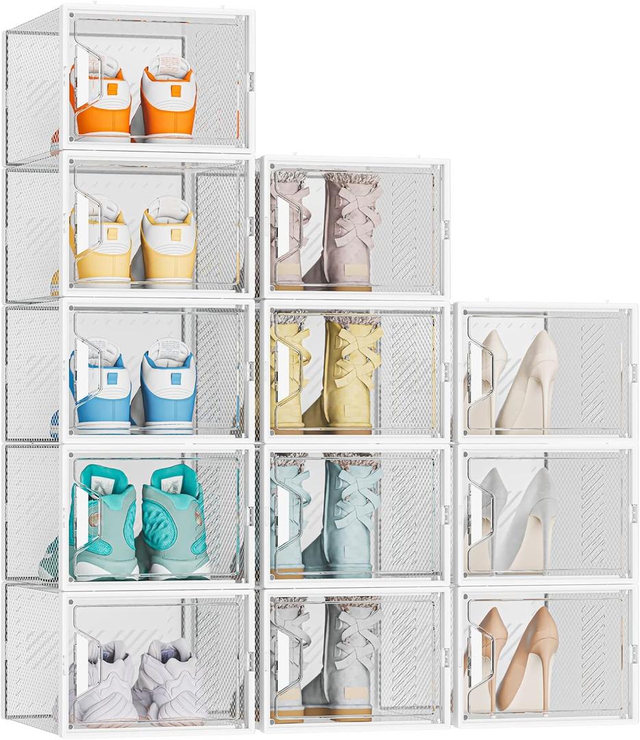 Shoe Organizer, 12 Pack Shoe Storage Shoe Organizer for Closet, Shoe Boxes Clear Plastic Stackable Shoe Storage Boxes for Size 13 (XX-Large, White)