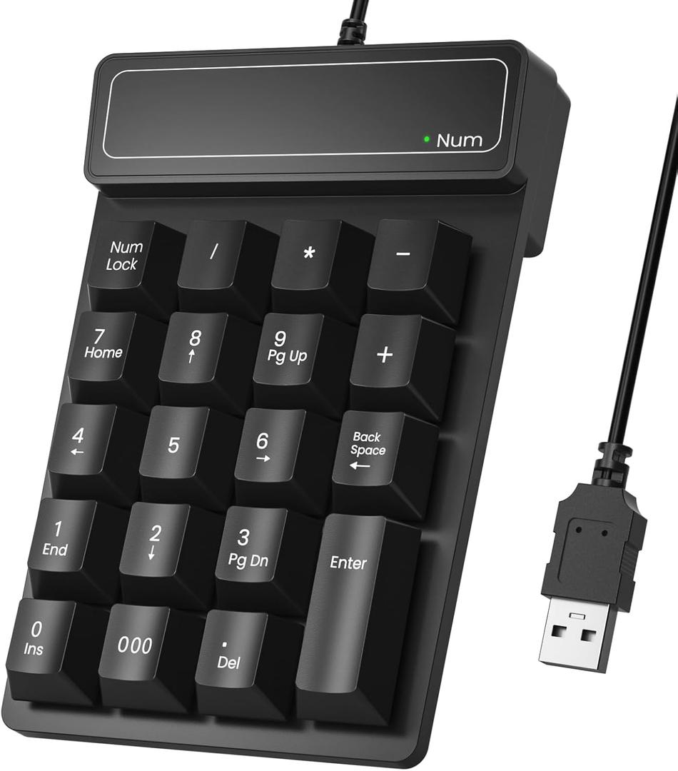 Wired Number Pad, USB Numeric Keypad 19 Key Number Keypad Keyboard, Portable Financial Accounting Keyboard 10 Key for Laptop PC Computer Notebook, Big Print Letters - Black