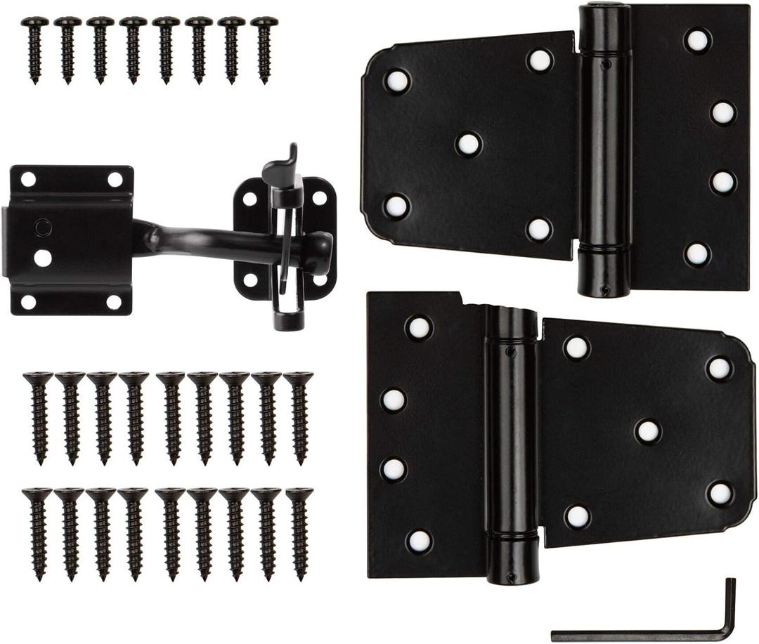 HILLMASTER Heavy Duty Gate Latch Kit for Wooden Vinyl Fence, 1 Pack Self-Locking Gate Latch and 2 Pack 3.5 Spring Tee Hinges, Gate Fence Hardware Set, Black Finish