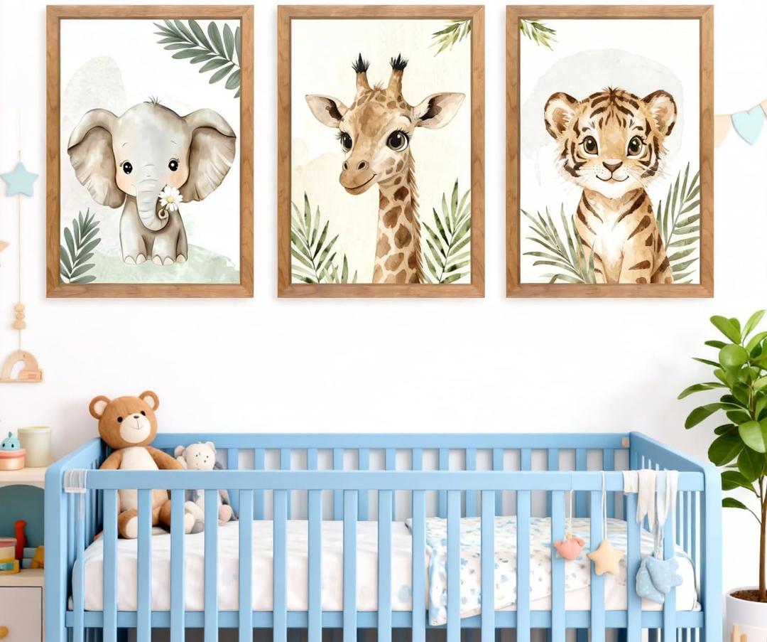 3 Set Safari Nursery Wall Decor, 11x16 Inch Framed Cute Giraffe Elephant Tiger Print Sign, Jungle Theme Cartoon Animal Wall Art for Baby Girl Boy Room Decoration, Natural