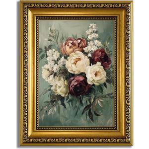 YD&YZY Gold Framed Vintage Wall Art Canvas Still Life Sage Green Flower Farmhouse Print Moody Floral Wall Decor Rustic Cottagecor Painting Picture Print for Dining Room Bedroom 8x10 inch Small Framed