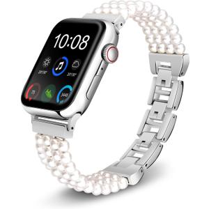 Pearl Bracelet Watch Band Compatible with Apple Watch Ultra SE Series 10 9 8 7 6 5 4 3 2 1, Stainless Steel Pearl Band for iWatch 38mm 40mm 41mm 42mm 44mm 45mm 49mm (Silvery)