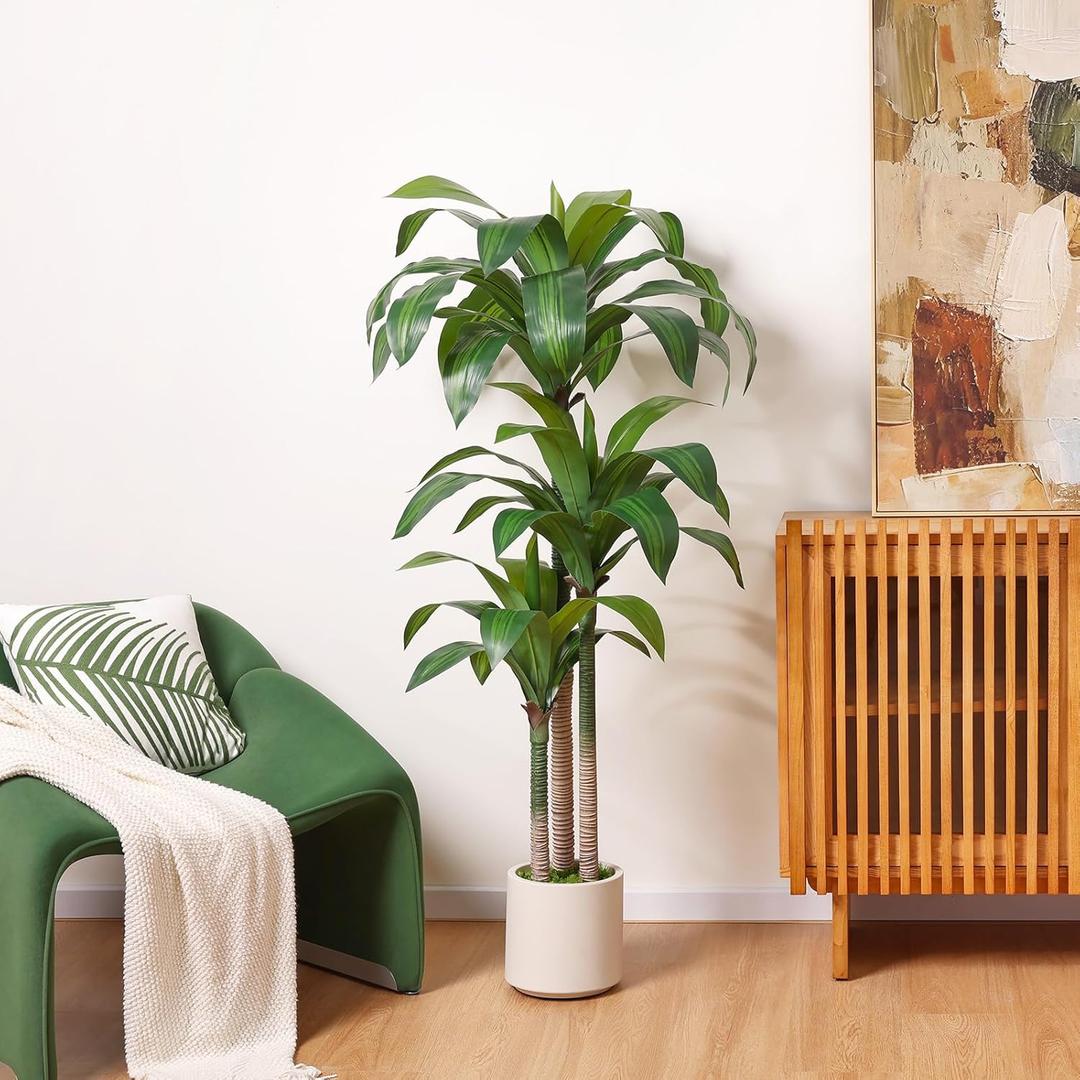 Artificial Dracaena Tree 5ft, Tall Fake Dracaena Plants with White Planter, Faux Dragon Tree Indoor Floor Plant for Home Decor Office Living Room Porch Housewarming, 1Pcs