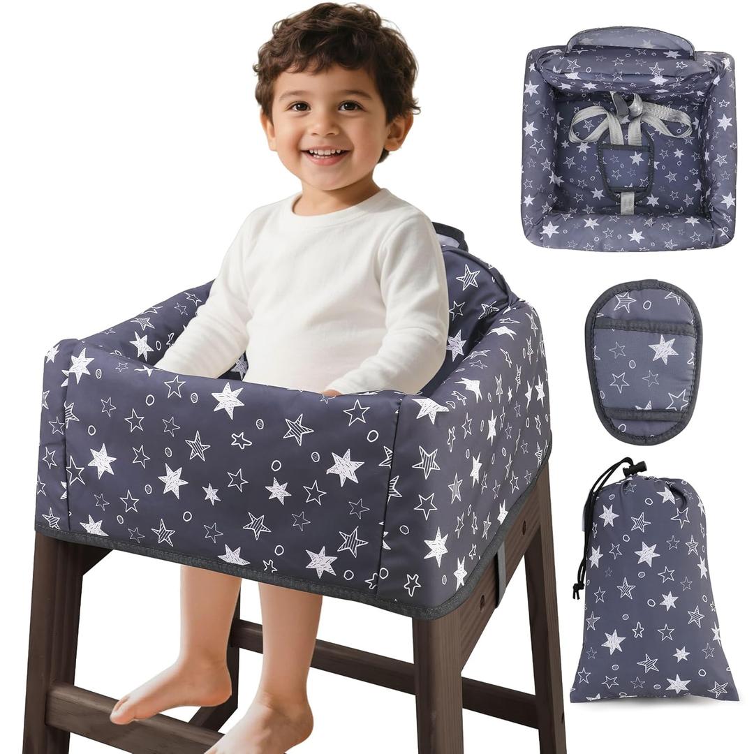 Baby High Chair Cover Restaurant with Strap Pads & 3-Point Harness, Machine Washable, Waterproof Portable Highchair Covers for Eating, Travel, Home Use - Fits Wooden Chairs, Grey Stars