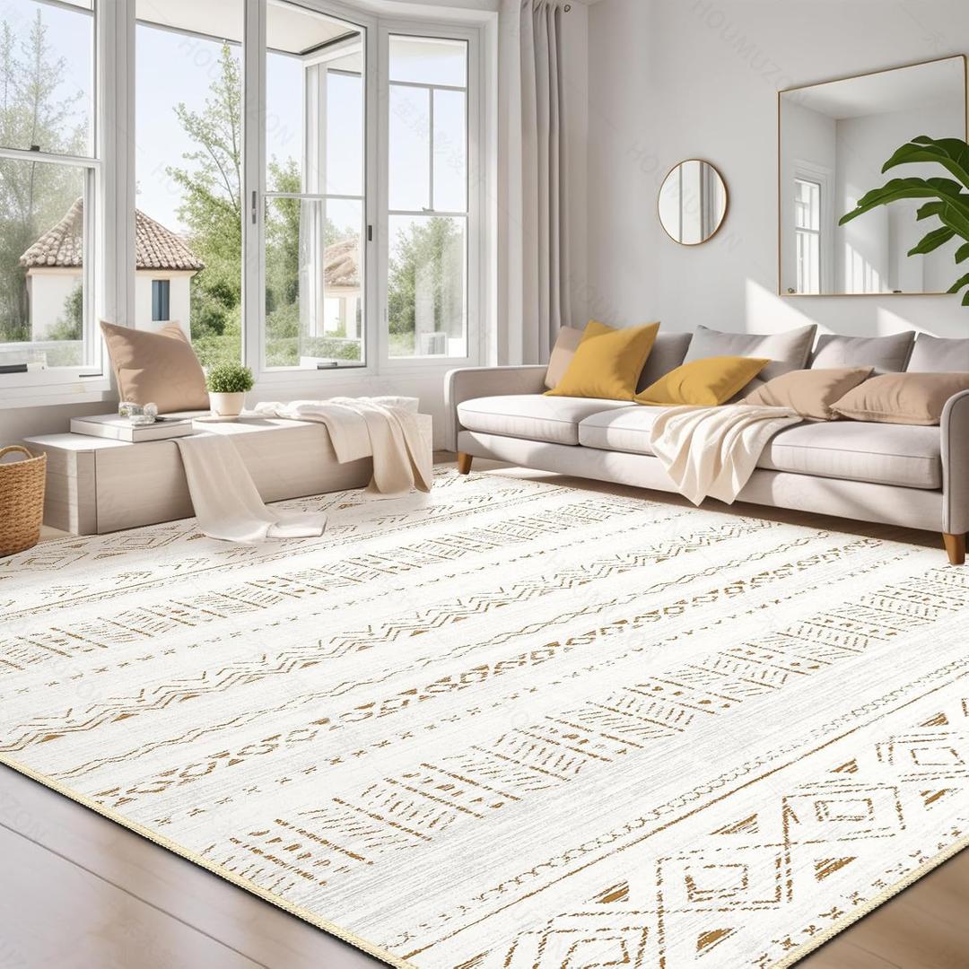 6x9 Area Rug for Living Room, Washable Non-Slip Large Area Rug, Indoor Floor Carpet Low Pile Soft Boho Farmhouse Rug for Bedroom Dining Room (Brown Cream,6'x9')