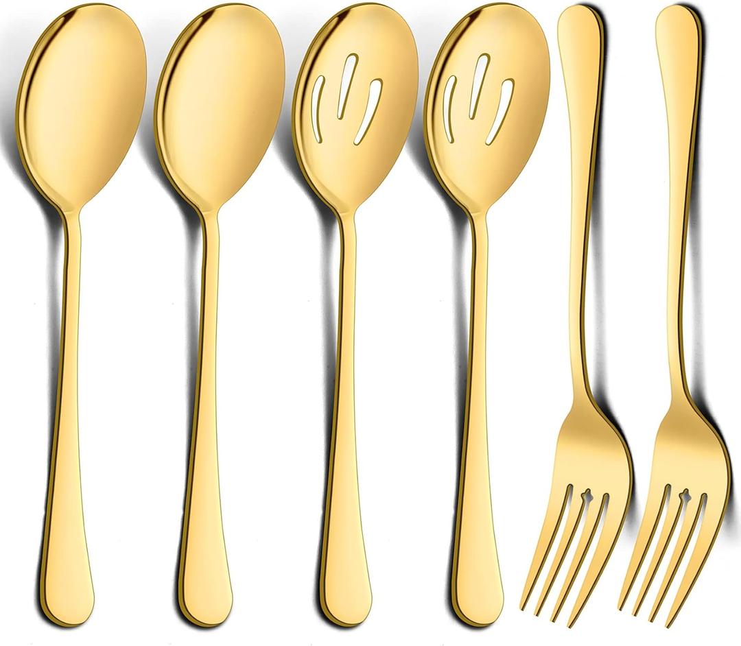 LIANYU 6 Pack Large Gold Serving Spoons and Forks Set, 9.8 Inch Stainless Steel Buffet Catering Party Banquet Serving Spoon Fork, Mirror Finished, Dishwasher Safe