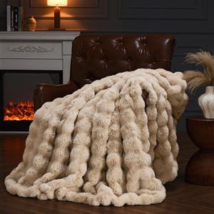 Faux Fur Throw Blanket for Couch, Fluffy Fuzzy Plush Bubble Blanket, Soft Warm Cozy Shaggy Rabbit Blanket, Luxury Decorative Gifts for Sofa Bedroom Living Room, 60x50inch (Naked Color)