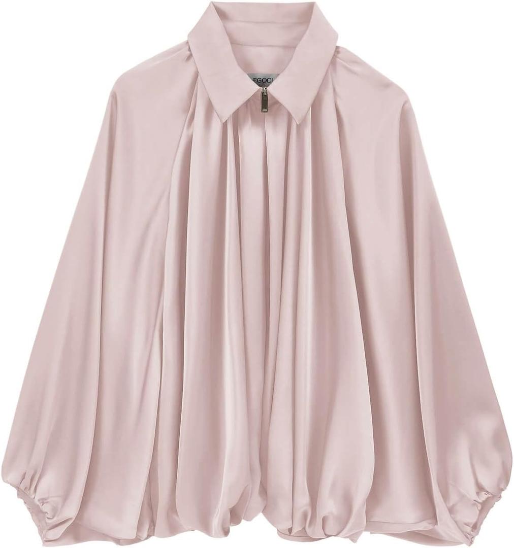 Women's Satin Puffed Bomber Jacket Oversized Batwing Sleeve Lapel Collar Pleated Zip Up Outerwear Shirts, Large
