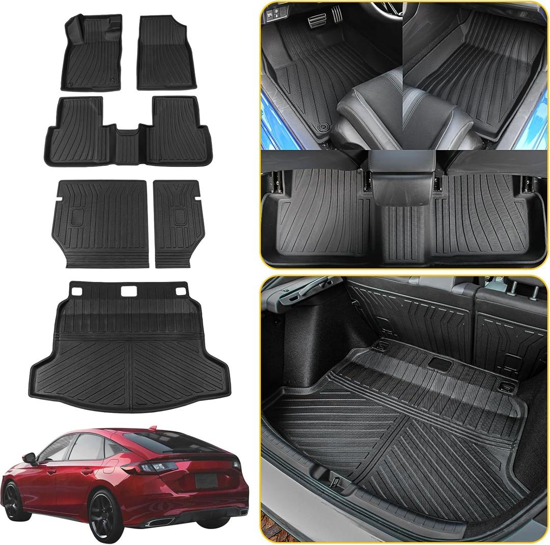 Floor Mats Compatible with 2022-2025 Honda Civic Hatchback Cargo Mat Liner TPE Trunk Mat Back Seat Cover Protector Kick Mat Civic Hatchback Accessories (Backrest Mats+Trunk Mat+Floor Mats)