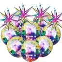 12PCS 70s Disco Party Decorations: 8 4D Metallic Mirror Foil Balloons & 4 Explosion Foil Cone Balloons (Rainbow)