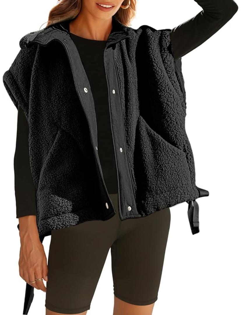 OPCAKM Women's Fuzzy Fleece Vest Oversized Sleeveless Sherpa Jacket Warm Button Down Gilet Outerwear with Pockets, Size L