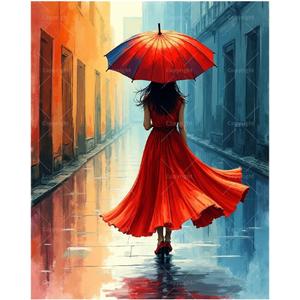 City Street Paint by Numbers Kit for Adults - DIY Woman with Red Umbrella Painting on Canvas, Acrylic Paint Set, Suitable for Beginners, Art for Home Decoration or Gifts(16X20IN Framed)