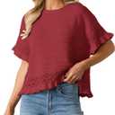 Yeokou Womens Short Sleeve Sweater Round Neck Ruffled Hem Knit Crochet Pullover Summer Fall Casual Top Blouse (Red, L)