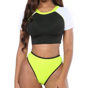 Women's Short Sleeve Swimsuit High Waisted Bikini Neon Bathing Suits Thong Triangle Swimwear Rashguard (16) S