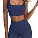 QINSEN Ribbed Workout Outfits for Women 2 Piece Seamless Sport Bra High Waist Yoga Leggings Sets L