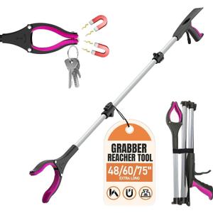 75" Extra Long Grabber Reacher Tool, Aluminum Foldable Reacher Grabber Pickup Tool w/Shoe Horn, Strong Grip Claw Upper Picker for Senior, Post-Surgery, Trash, 360° Jaw, Dual Powerful Magnet