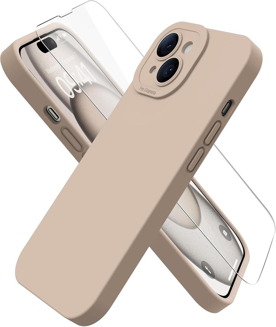 Magnetic for iPhone 15 Case with Screen Protector - Wireless Charging Compatible - Upgraded Camera Protection - Silicone Shockproof Protective Phone Case for iPhone 15 6.1" - Latte Color