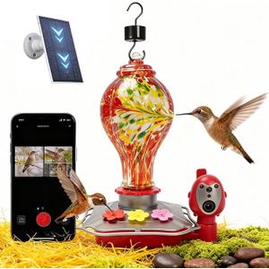 Hummingbird Feeder with Camera, Smart Glass Humming Bird Feeder Camera Solar Powered, AI Identify and Instant Notifications, 2K Live View, Leak-Proof Ant & Bee Proof