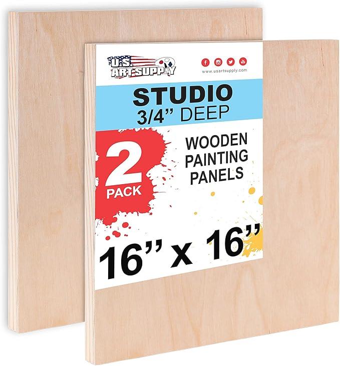U.S. Art Supply Unfinished Cradled Wood Panels for Painting, 2 Pack of 16x16 inch - Studio Birch Wooden Canvas Boards 3/4" Deep - Mixed-Media Craft, Acrylic, Oil, Encaustic, Paint Pouring Panel Board
