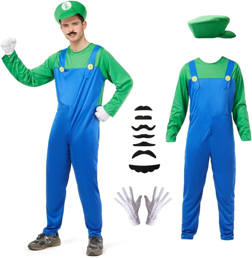 Halloween Costume Men Adult,Plumber Jumpsuit Cosplay Costume with Hat Gloves Moustache Accessories Set (Large, Green)