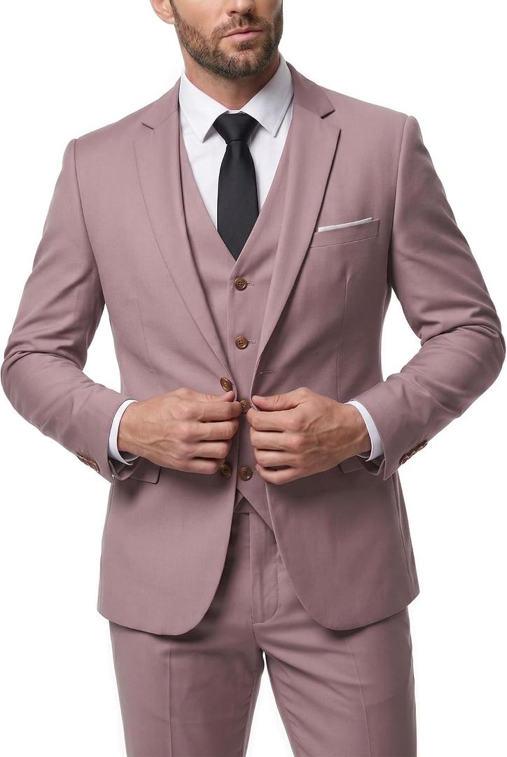 Hihawk Men's 3 Piece Suit with Tie, 2 Button Slim Fit Solid Blazer Jacket Vest Pants, Business Wedding Party Suits for Men (L)