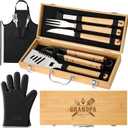 8 Pcs Grandpa Gifts from Grandkids Grandpa Grilling Gift Heavy Duty Wooden BBQ Grilling Accessories Tools for Outdoor Grill with Wood Case, Apron and Oven Mitts for Grandad Grandfather
