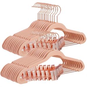 SONGMICS 24 Pack Pants Hangers, 16.7 Inch Coat Hangers with Rose Gold Colored Movable Clips, Heavy-Duty, Non-Slip, Space-Saving, for Pants, Skirts, Dresses, Light Pink UCRF14PK24