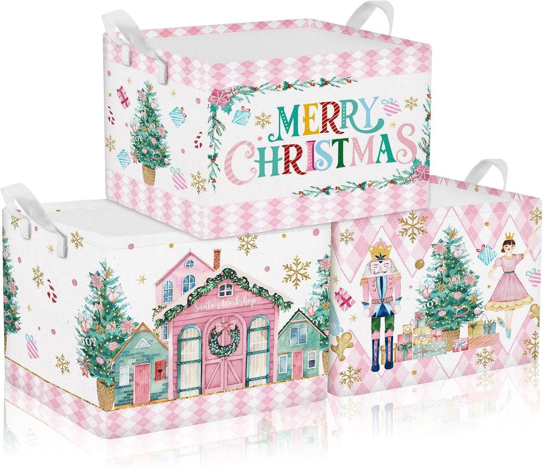 3 Pcs Christmas Pink Nutcracker Basket Diamond Plaid Christmas Tree Gift Basket Soldier Mouse Ballet Girl Clothes Storage Cube for Home Office Dorm Closet Shelf Organizer
