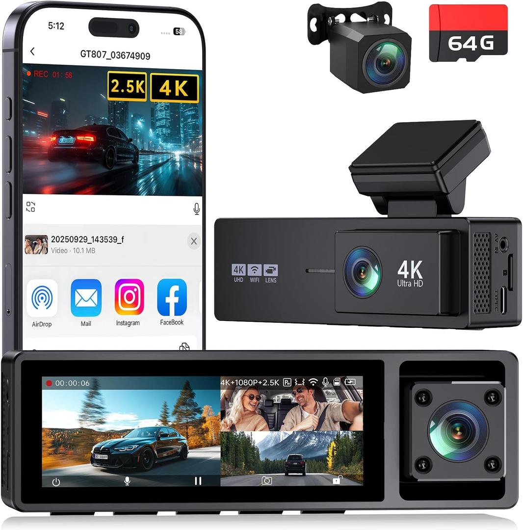 3 Channel Dash Cam Front and Rear, 4K+2.5K+1080P Front and Rear Inside, 3.2" Screen Dash Camera for Cars, 4 IR Night Vision, WiFi APP Control, G-Sensor, 24H Parking Mode, Includes 64GB SD Card (Black)