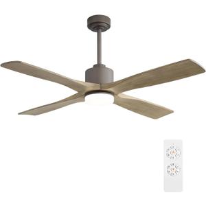 WINGBO 48 Inch DC Ceiling Fan with Lights and Remote Control, 4 Carved Solid Wood Blades, 6-Speed Noiseless Reversible DC Motor, Modern Ceiling Fan in Graphite Finish with Gray Blades