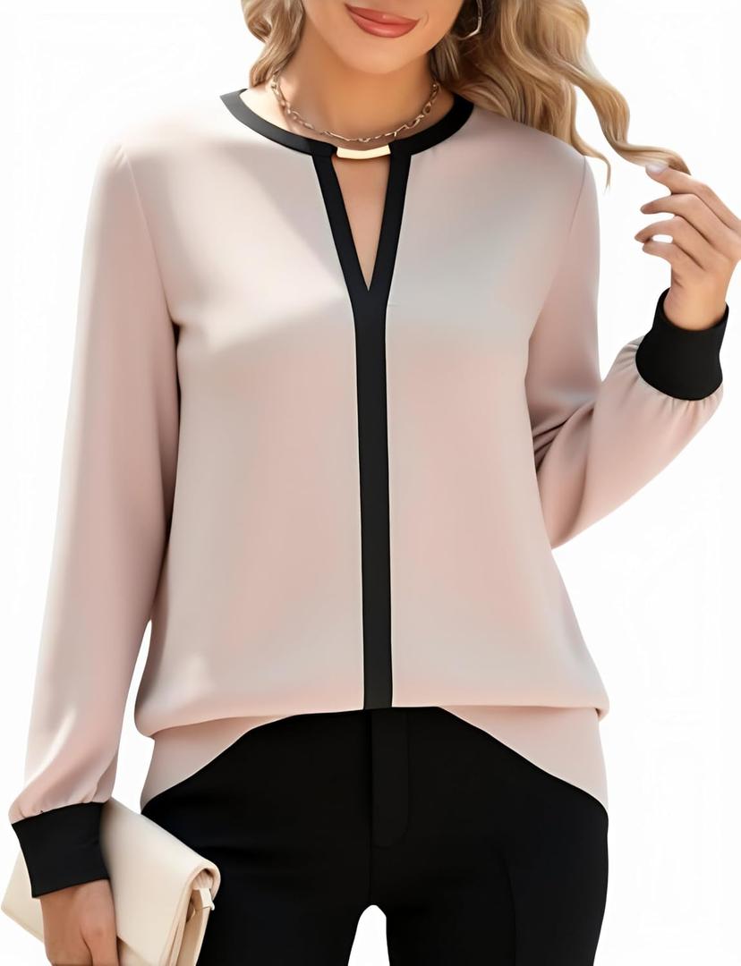 SOFIA'S CHOICE Women's Business Casual Long Sleeve Dressy Blouse Work Tops Corporate Outfits Shirts Khaki and Black Medium (M)