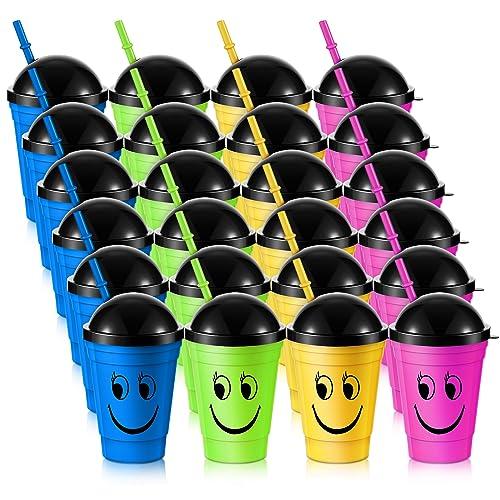 Bokon 24 Pack Smile Face Sipper Cups with Lids and Straws for Kids 12 oz Reusable Plastic Kids Cups with Lids for School Events Birthday Party Supplies, 4 Random Colors