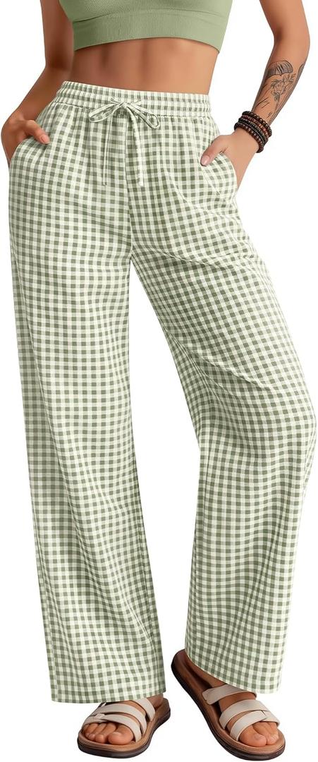 Neer Women's Striped Gingham Pants Cotton Plaid Pajama Lounge Boxer Pants Drawstring Pj Bottoms Wide Leg Trousers with Pocket (Large)