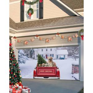 Merry Christmas Red Truck Pull Golden Retriever Garage Door Decor - 7 x 16 ft, Holiday Backdrop for Winter & New Year Parties