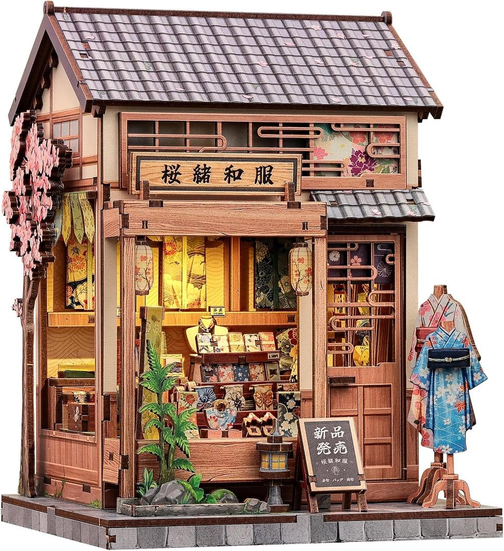 CUTEBEE Book Nook Kit - Japanese Sakura Kimono Shop DIY Dollhouse 3D Wooden Puzzle Booknook for Adults and Teens, Miniature House Bookshelf Decor, Ideal Gift for Family and Friends
