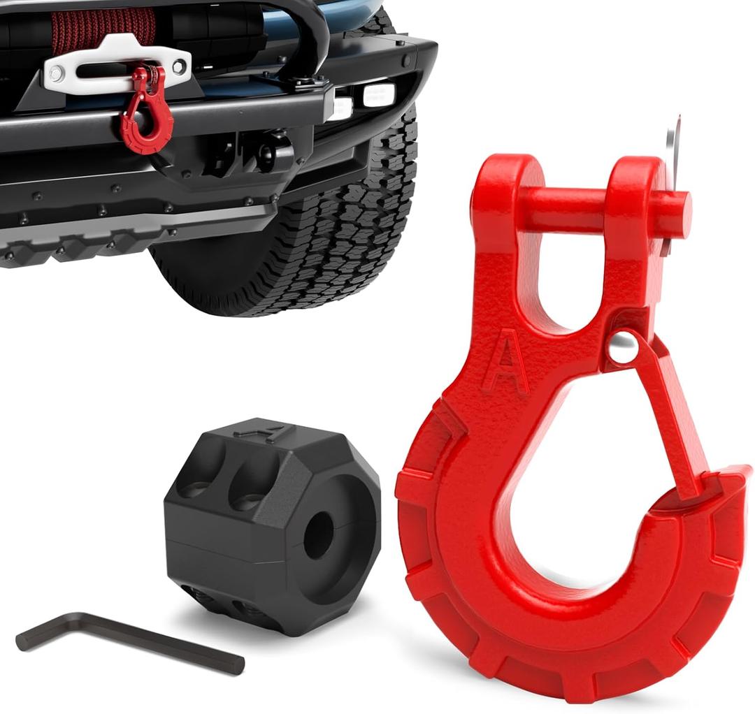 3/8" Winch Hook & Winch Cable Hook Stopper Sets, Heavy Duty Grade 70 Forged Steel Recovery Hook with Safety Latch, Included Allen Wrench,Max 37,478 Lbs, Red