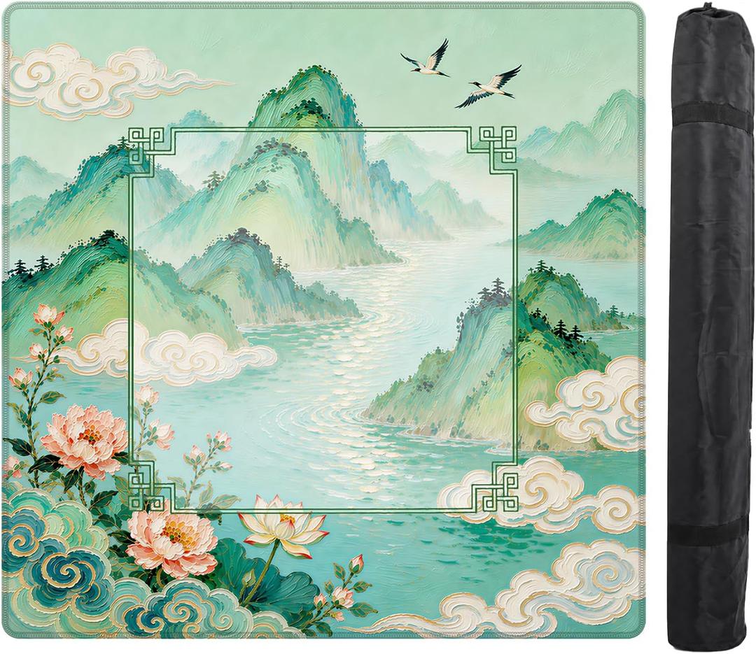 Teal Green Chinoiserie Landscape Mahjong Mats for Table