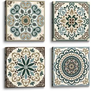 the stream design Mandala Canvas Wall Art Bedroom: Boho Flower Pattern Painting Print Picture 4 Piece Vintage Artwork for Bathroom Living Room Decor