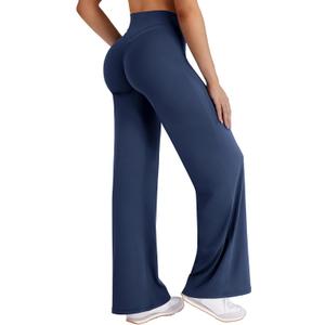 HIGORUN Straight Leggings Bottoms High Waisted No Front Seam Workout Leggings for Women 31" Wide Leg Casual Gym Yoga Pants (Blue, XL)