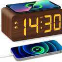 URAYCO Wood Digital Alarm Clock with 10W Fast Wireless Charger, USB Charging Ports, DST, Dimmable, Snooze, Large Number LED Display for Bedrooms, Desk, Living Room Table, Bedside, Nightstand (Brown)