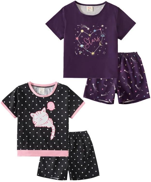 MyFav Young Girls Pajama Cute Cat Pattern Nighty Comfy Shorts Cotton Sleepwear (Purple)