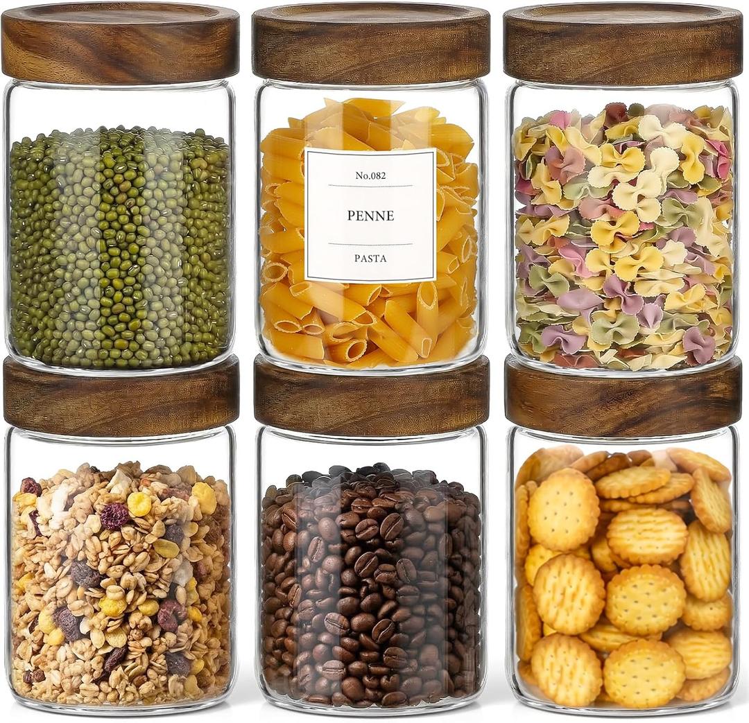 CONNOO 28oz Glass Storage Jars with Wood Lids (6-Pack) Includes 120 Pre-Printed Waterproof White Kitchen Labels Airtight Pantry Containers for Rolled Oats, Pasta & Cereals