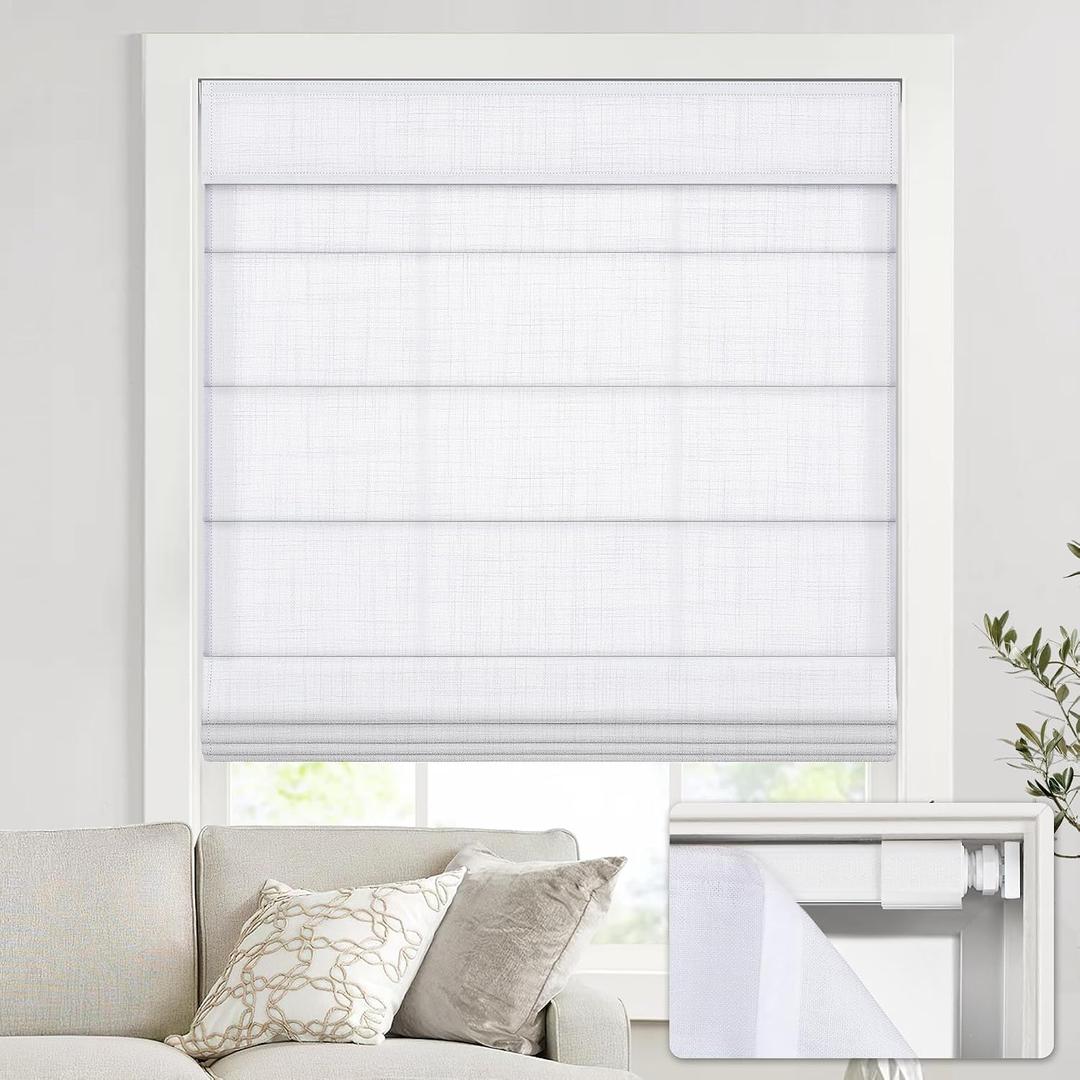 UNISHADES no Drill Cordless Roman Shades for Windows, 29" W 64" H - Light Filtering - Linen - White